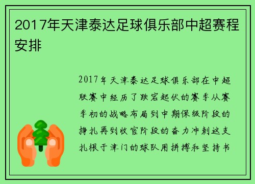 2017年天津泰达足球俱乐部中超赛程安排